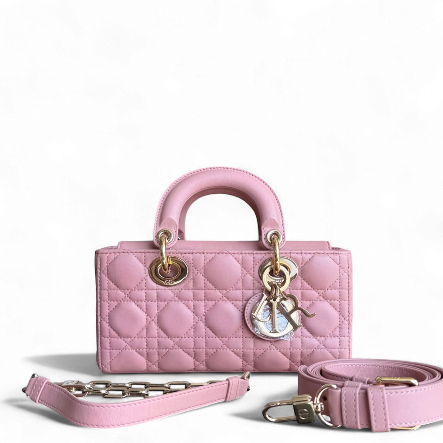 Lady Petit rabat D-Joy - Cuir d'agneau Cannage rose et matériel doré — Kovancy