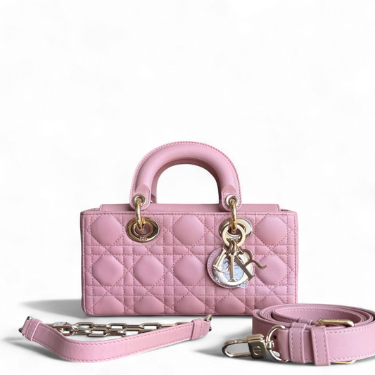 Dior Lady Petit rabat D-Joy - Cuir d'agneau Cannage rose et matériel doré