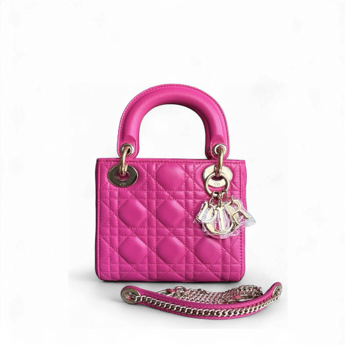 Lady Mini - Bandoulière en cuir d'agneau Cannage rose vif avec chaîne et quincaillerie dorée — Kovancy