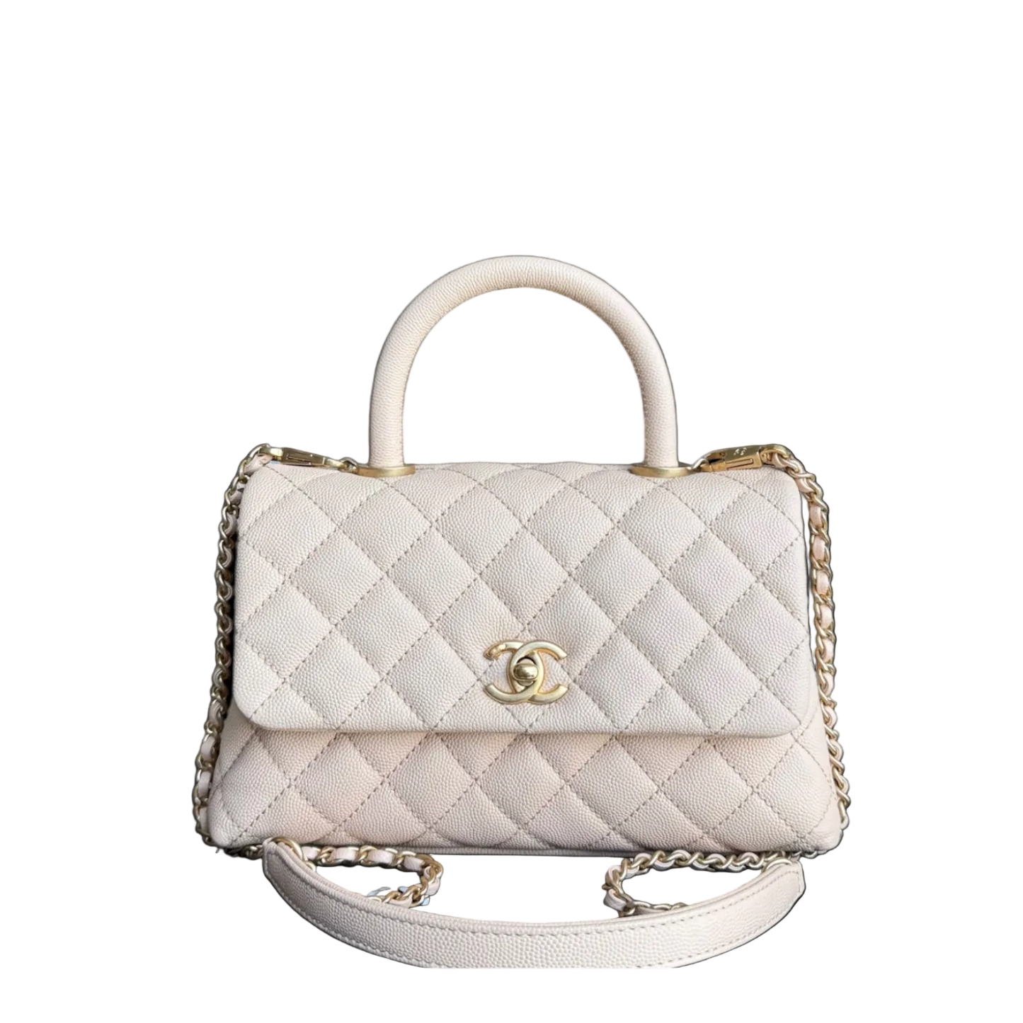 Sac Chanel Coco Handle petit modèle - Beige matelassé caviar, finitions dorées Series 24