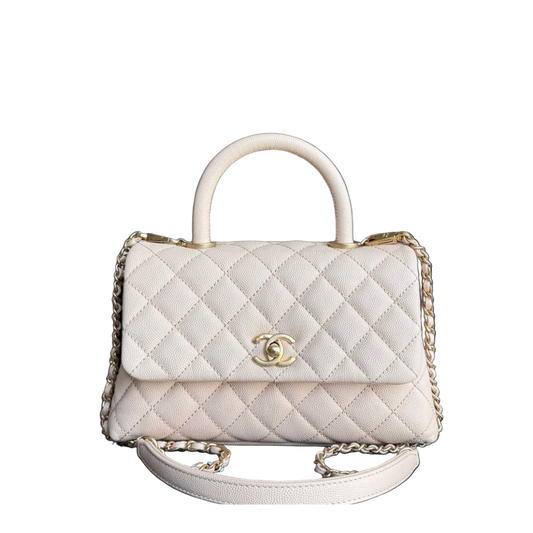 Sac Chanel Coco Handle petit modèle - Beige matelassé caviar, finitions dorées Series 24