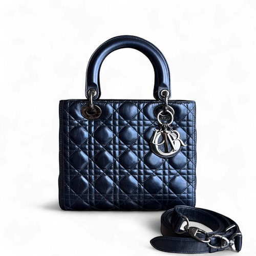 Lady Cuir de veau glacé Cannage moyen bleu foncé, accessoires argentés — Kovancy