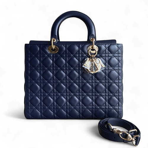 Lady Grand rabat - Cuir d'agneau Canange bleu foncé, accessoires dorés — Kovancy