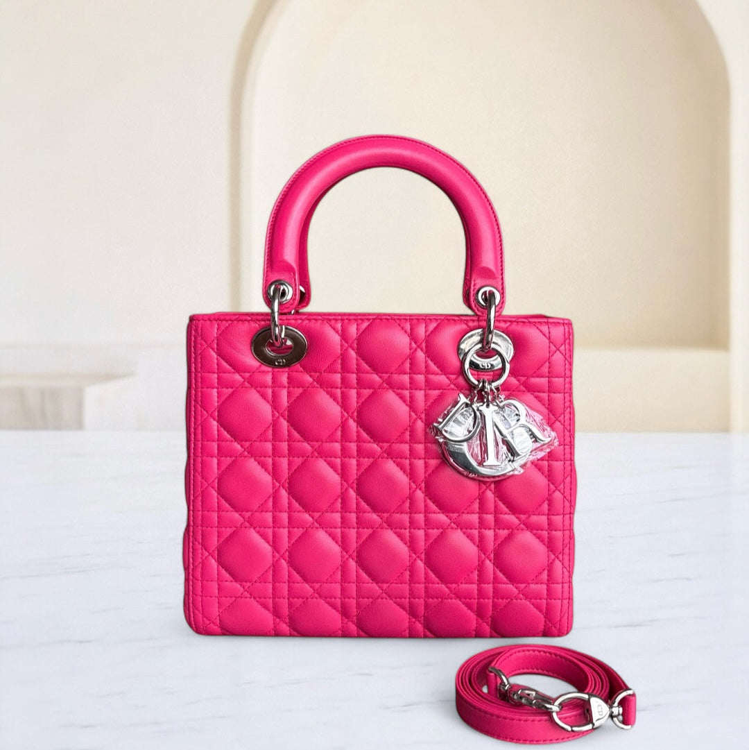 Lady Moyen - Cuir d'agneau Cannage rose vif, quincaillerie argentée — Kovancy