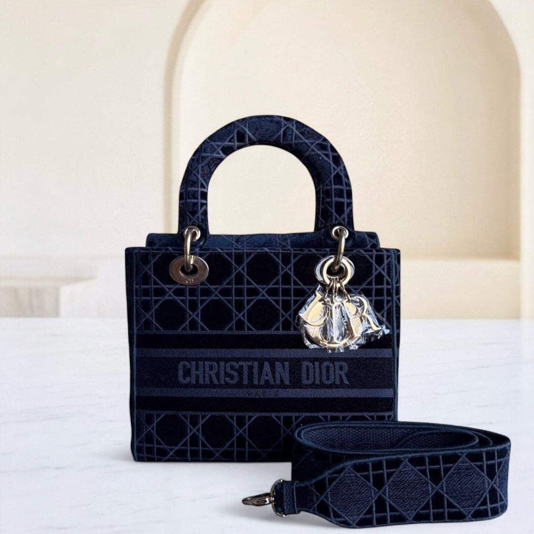 Lady D-lite - Cannage Canvas Bleu Foncé Or Quincaillerie — Kovancy