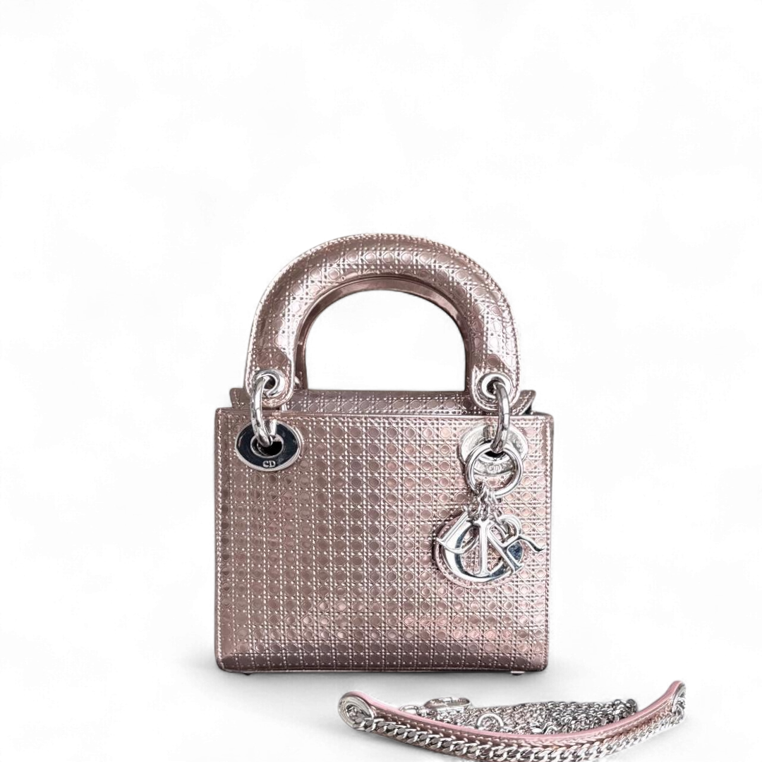 Lady Mini - Bandoulière chaîne en cuir de veau micro-cannage métallisé or rose et métal argenté — Kovancy