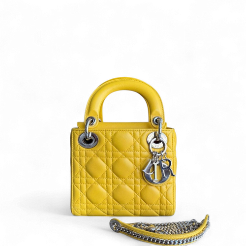 Lady Mini Flap - Cuir d'agneau Cannage jaune, sangle chaîne, quincaillerie argentée, quincaillerie argentée — Kovancy