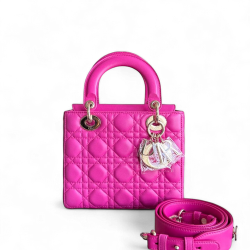 Lady Petit rabat - Cuir d'agneau Cannage rose Barbie, finitions dorées — Kovancy