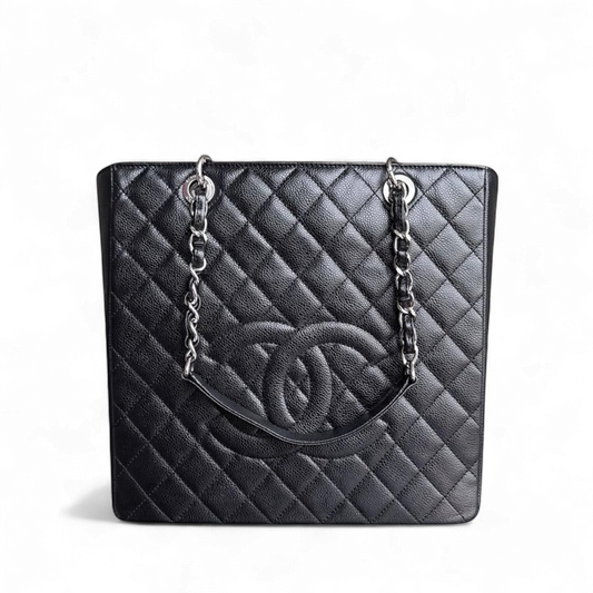 Sac cabas Chanel PST Petite XL - Très grand modèle en cuir de veau grainé caviar noir et métal argenté Series 16