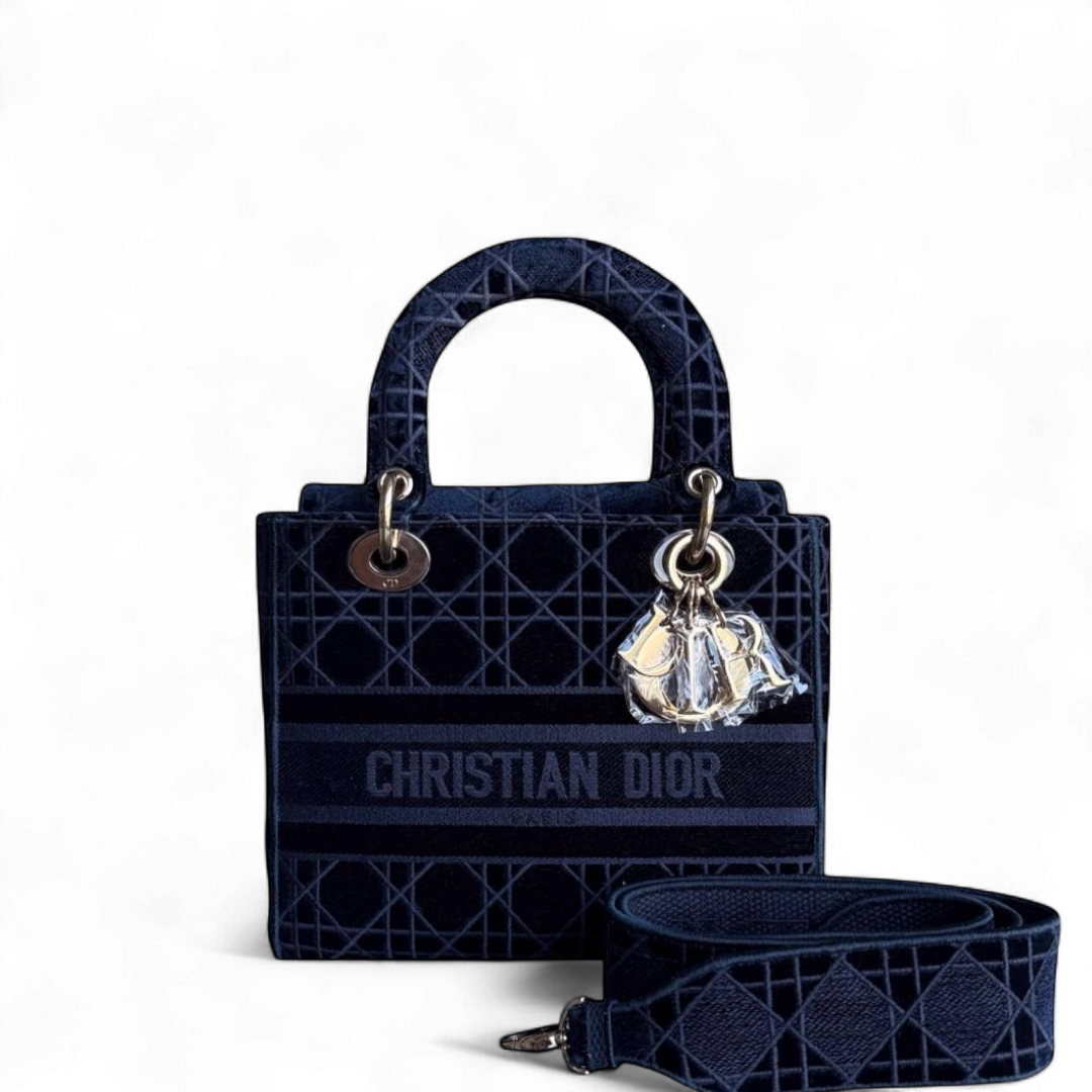 Lady D-lite - Cannage Canvas Bleu Foncé Or Quincaillerie — Kovancy