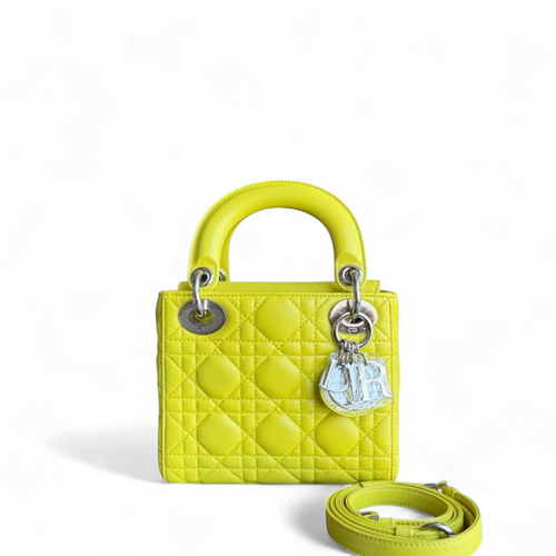 Lady Mini - Sangle réglable en cuir d'agneau Cannage jaune et métal argenté — Kovancy