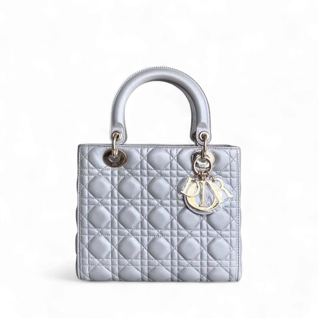 Lady Moyen - Cuir d'agneau Cannage Gris Gris Quincaillerie dorée SANS SANGLE — Kovancy