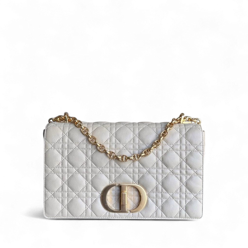 Caro Large - Cuir de veau grainé Cannage Beige clair Ferrures dorées — Kovancy