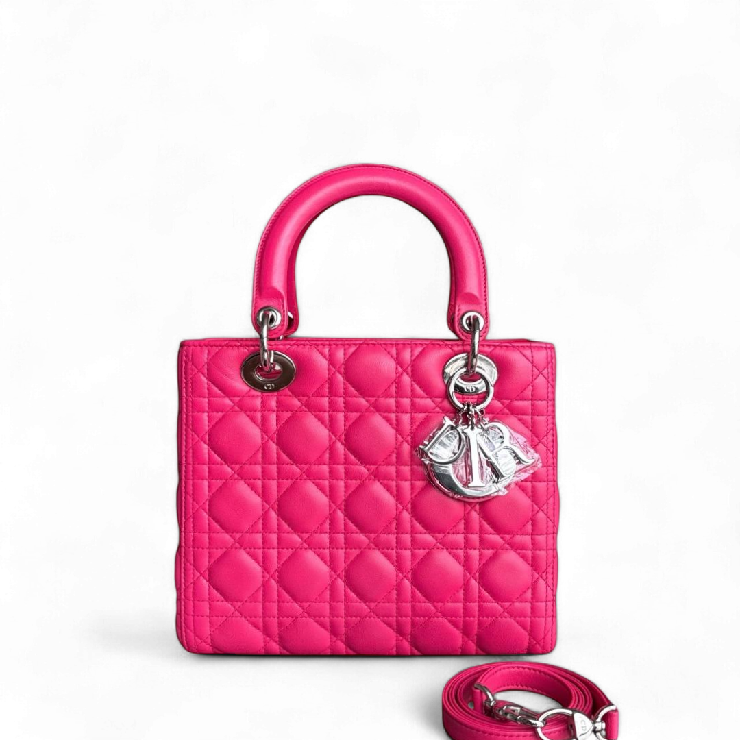 Lady Moyen - Cuir d'agneau Cannage rose vif, quincaillerie argentée — Kovancy