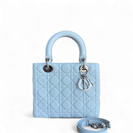 Dior Lady Caviar moyen - Cuir de veau grainé Cannage Blanc glacier Bleu glacier Quincaillerie argentée