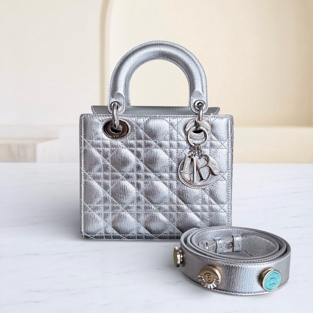 Lady Petit - Cuir de veau métallisé Cannage Argent Quincaillerie argentée — Kovancy