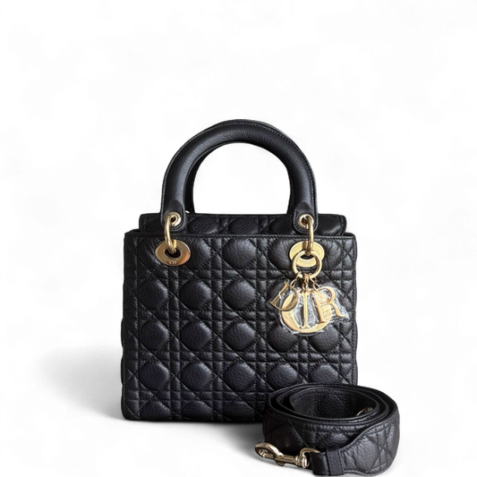 Dior Lady Rabat moyen - Cuir de veau grainé Cannage Noir Quincaillerie dorée