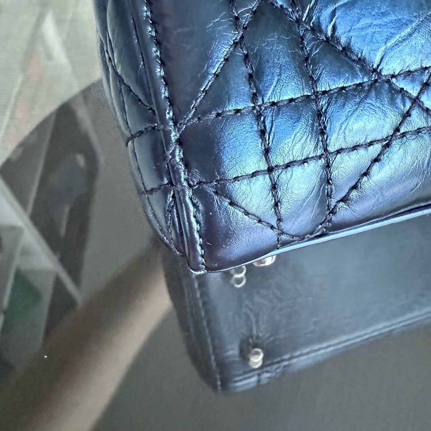 Lady Mini - Cuir de veau glacé Cannage bleu métallisé, quincaillerie argentée — Kovancy