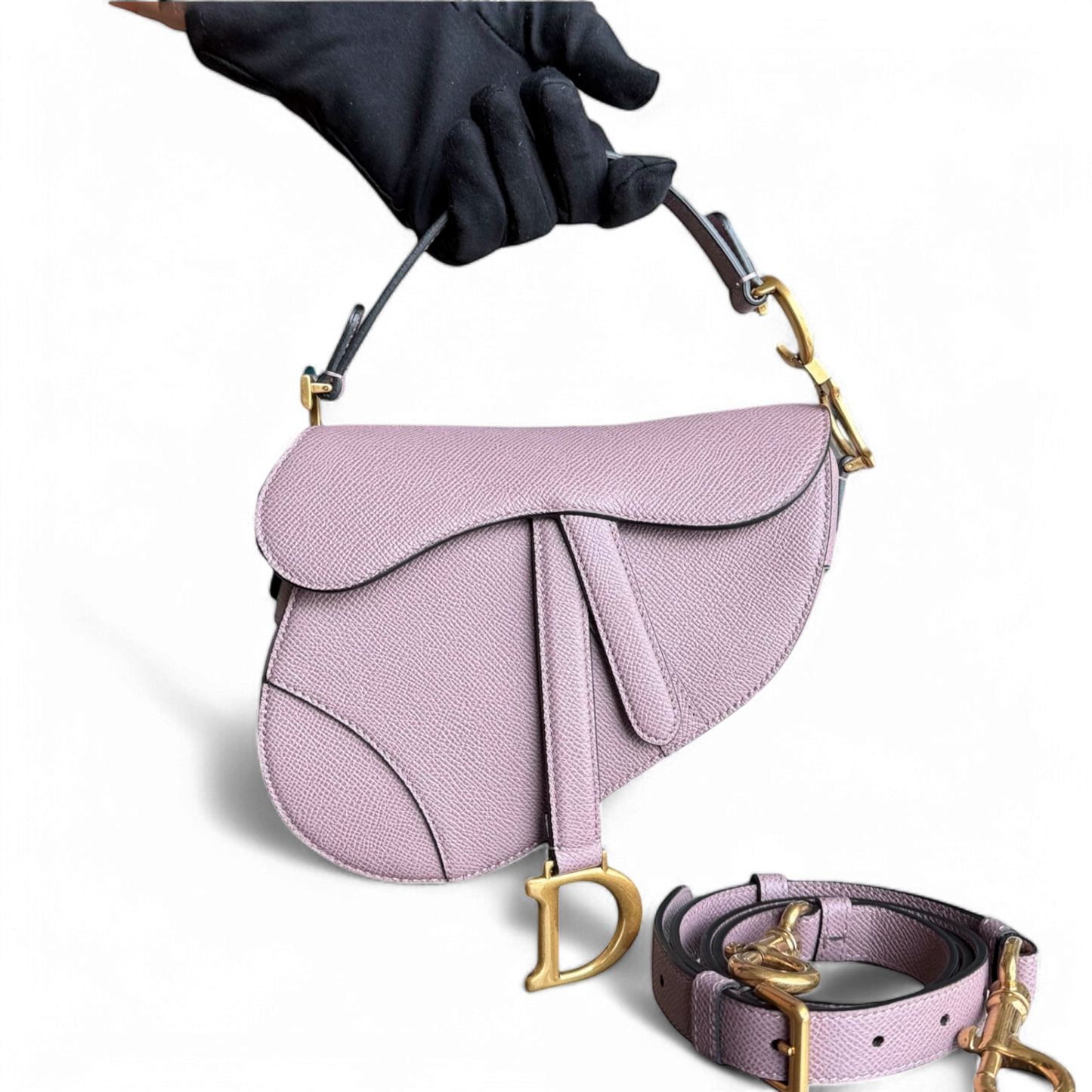 Sac Dior Saddle Small - Bandoulière ajustable en cuir de veau grainé Nude Rose Hardware Gold