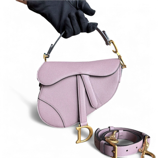 Sac Dior Saddle Small - Bandoulière ajustable en cuir de veau grainé Nude Rose Hardware Gold