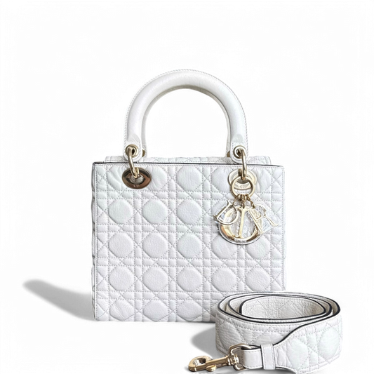 Dior Lady Rabat moyen - Cuir de veau Cannage Blanc Quincaillerie en or