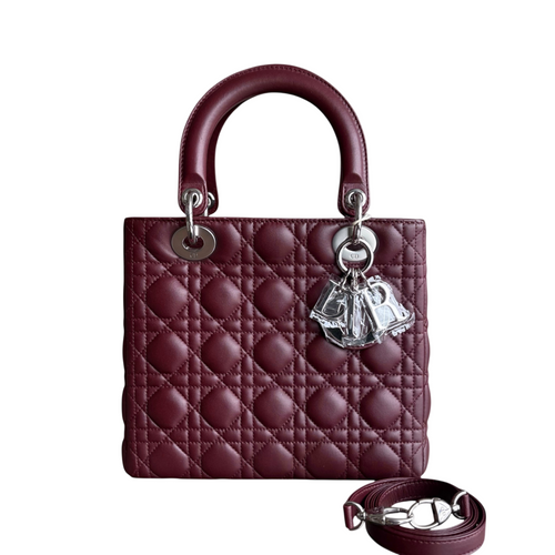 Lady Moyen - Cuir d'agneau Cannage bordeaux avec finitions argentées — Kovancy