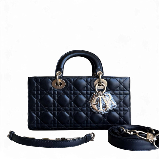 Sac Dior D-Joy Medium en cuir d'agneau Cannage noir et finitions dorées