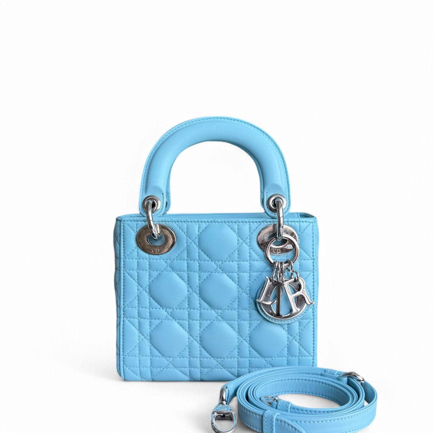 Lady Mini - Cannage Agneau Bleu Clair Quincaillerie Argentée Bandoulière Réglable — Kovancy
