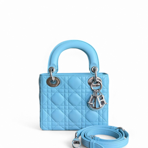 Lady Mini - Cannage Agneau Bleu Clair Quincaillerie Argentée Bandoulière Réglable — Kovancy