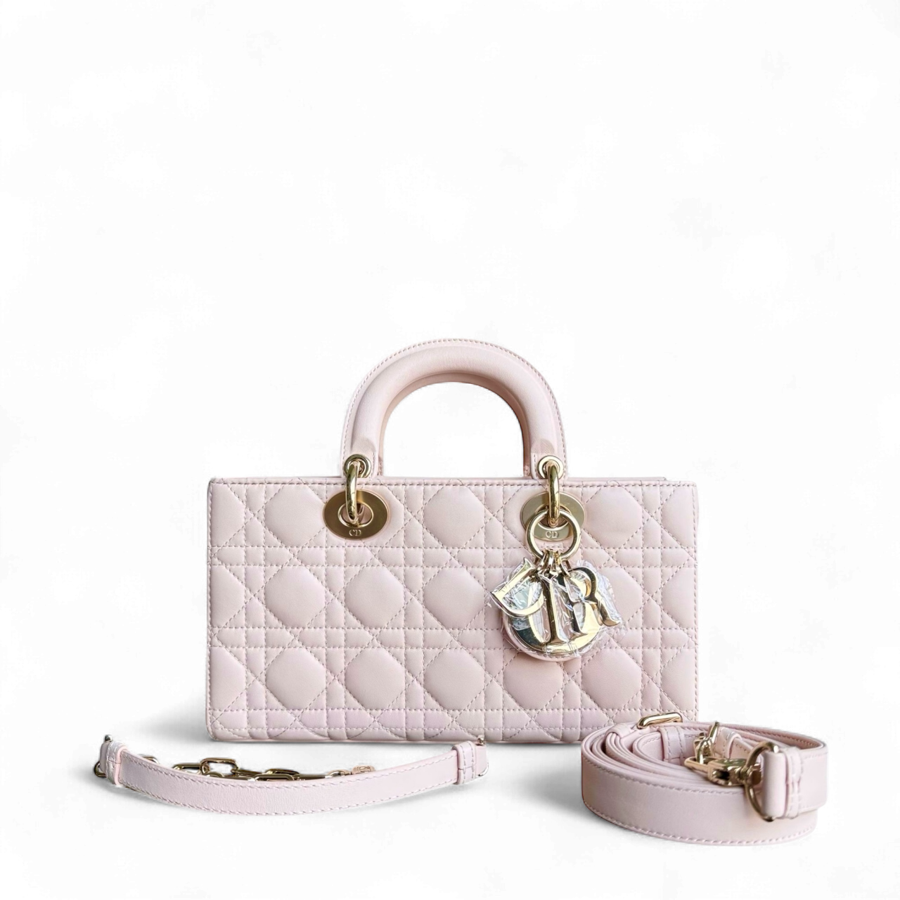 D-Joy Medium - Cuir d'agneau Cannage Rose clair Ferrures dorées — Kovancy