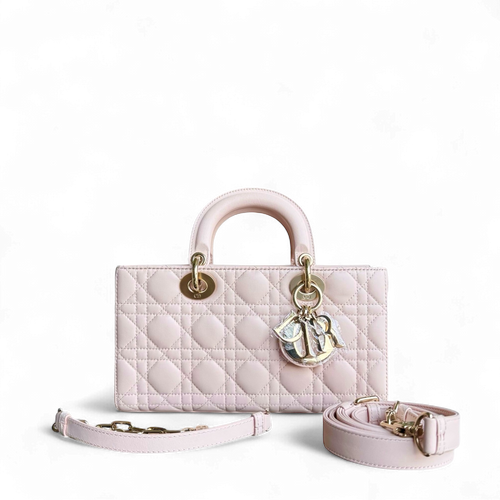 D-Joy Medium - Cuir d'agneau Cannage Rose clair Ferrures dorées — Kovancy