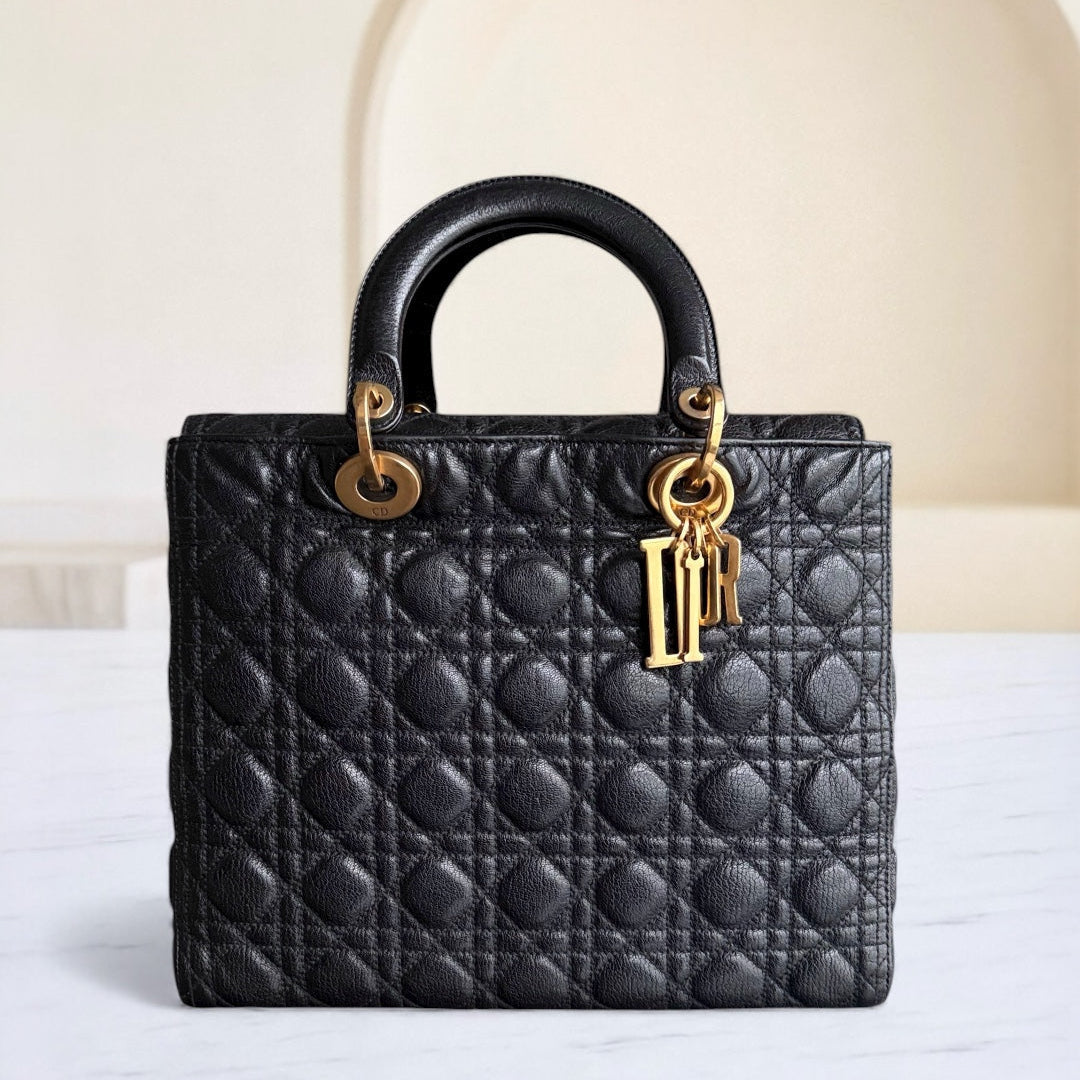 Lady Grand modèle - Cuir de veau grainé Cannage noir et or, sans bandoulière — Kovancy