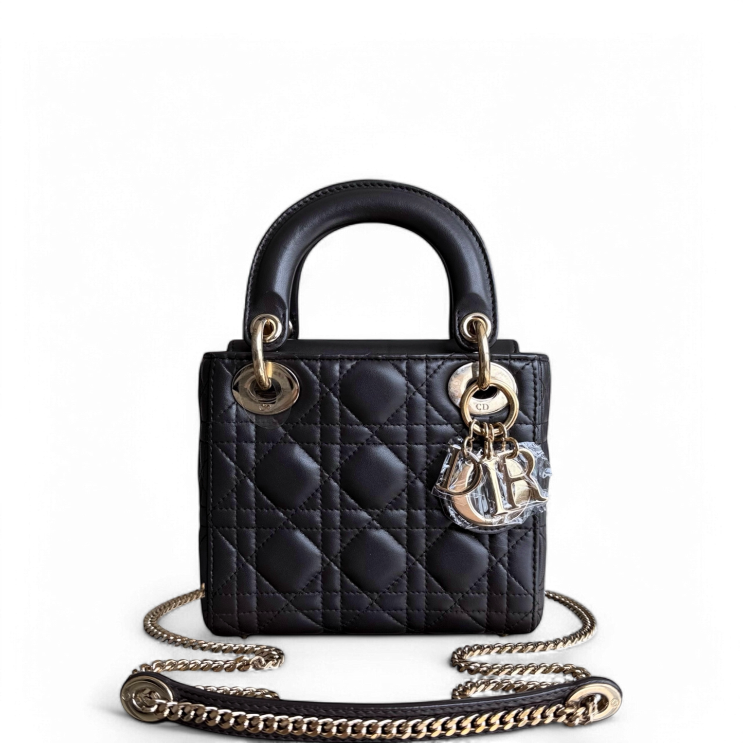 Lady Mini - Sangle chaîne en cuir d'agneau Cannage gris foncé avec quincaillerie dorée — Kovancy