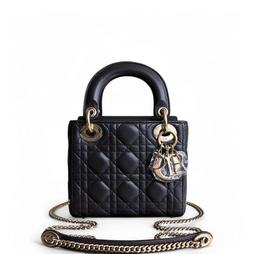 Lady Mini - Sangle chaîne en cuir d'agneau Cannage gris foncé avec quincaillerie dorée — Kovancy