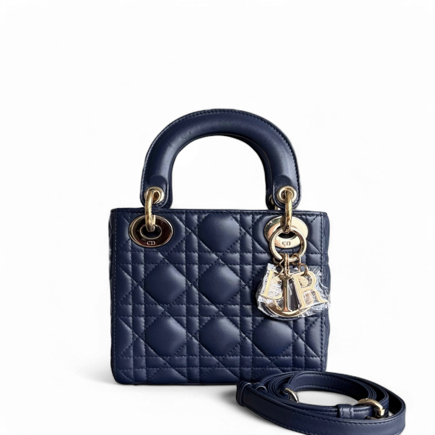 Lady Mini - Bandoulière réglable en cuir d'agneau Cannage bleu foncé avec finitions dorées — Kovancy