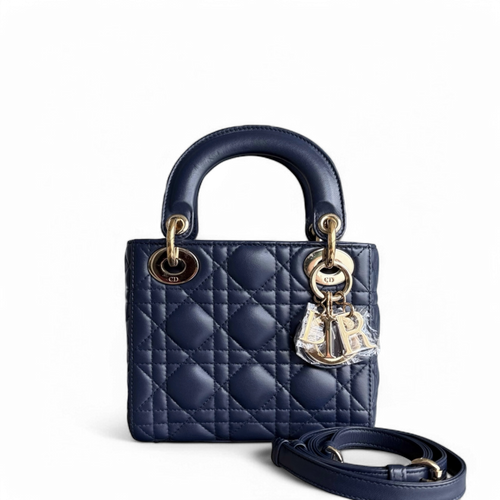 Lady Mini - Bandoulière réglable en cuir d'agneau Cannage bleu foncé avec finitions dorées — Kovancy