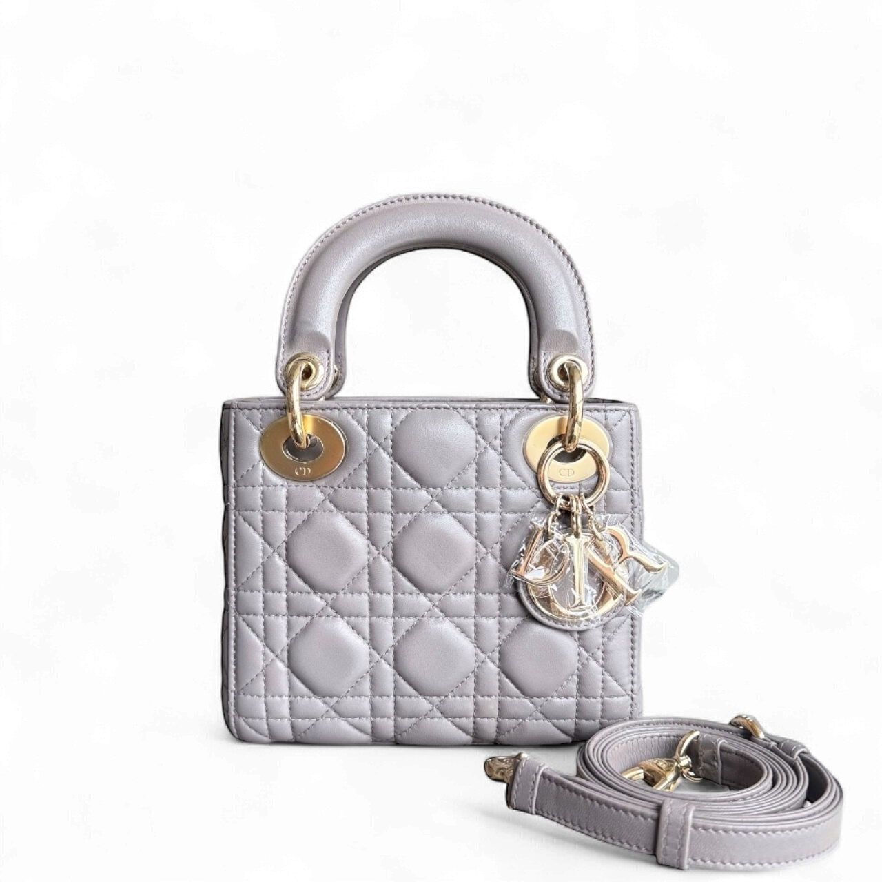 Lady Mini - Sangle réglable en cuir d'agneau Cannage gris et matériel doré — Kovancy