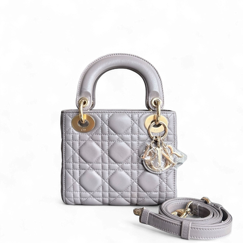Lady Mini - Sangle réglable en cuir d'agneau Cannage gris et matériel doré — Kovancy