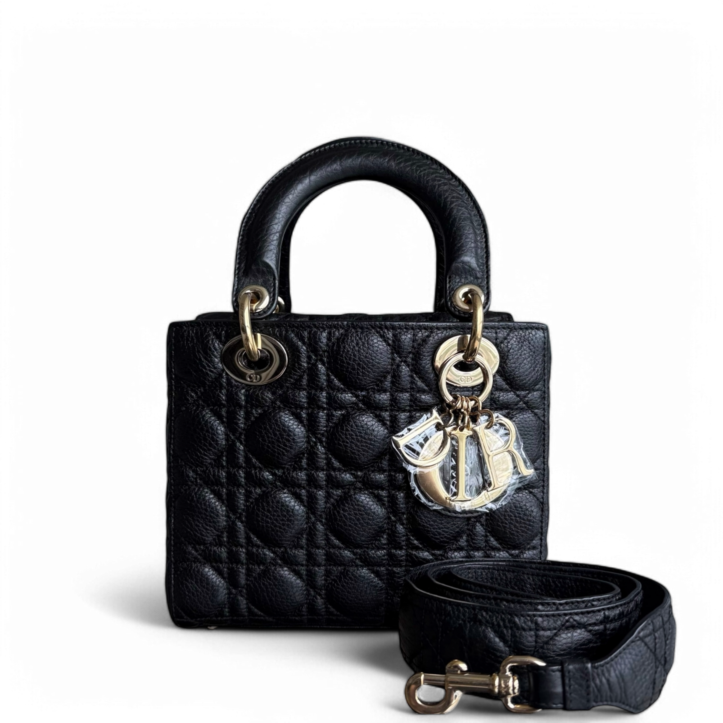 Lady Petit rabat - Cuir de veau grainé Caviar Cannage Noir Quincaillerie dorée — Kovancy
