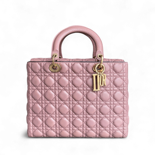 Lady Grand modèle - Cuir de veau grainé Cannage, finitions dorées blush, sans bandoulière — Kovancy