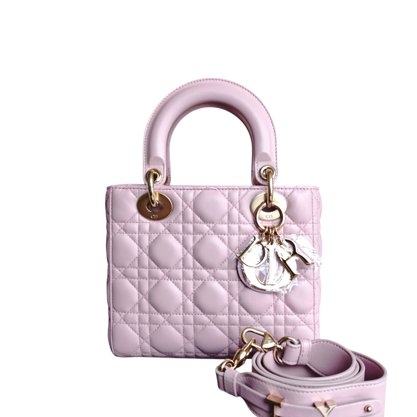 Lady Petit modèle - Cuir d'agneau Cannage rose avec finitions dorées — Kovancy