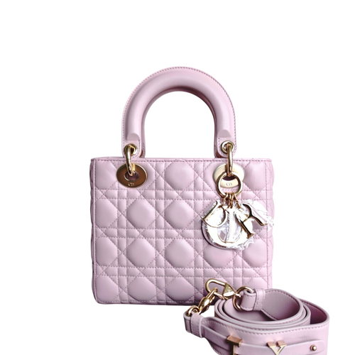 Lady Petit modèle - Cuir d'agneau Cannage rose avec finitions dorées — Kovancy