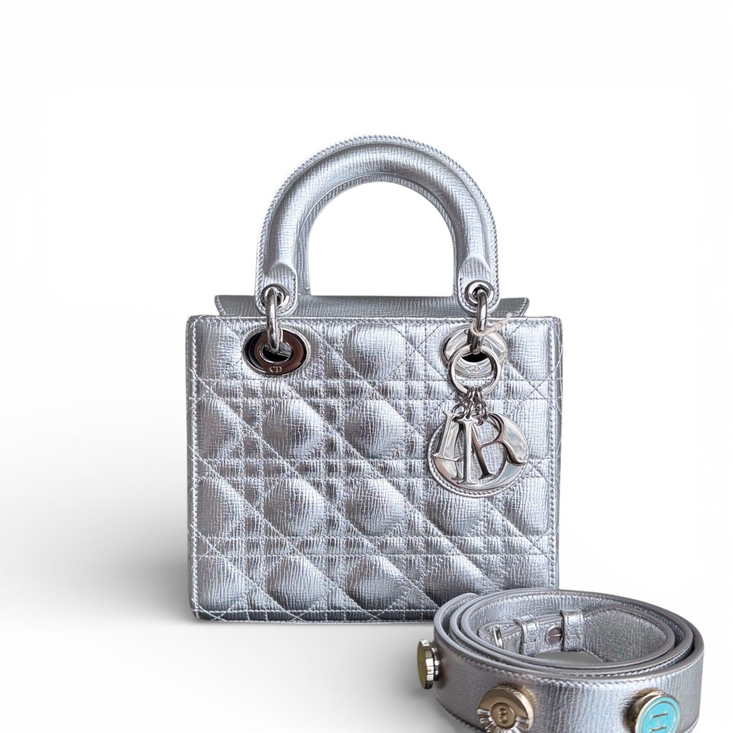 Lady Petit - Cuir de veau métallisé Cannage Argent Quincaillerie argentée — Kovancy