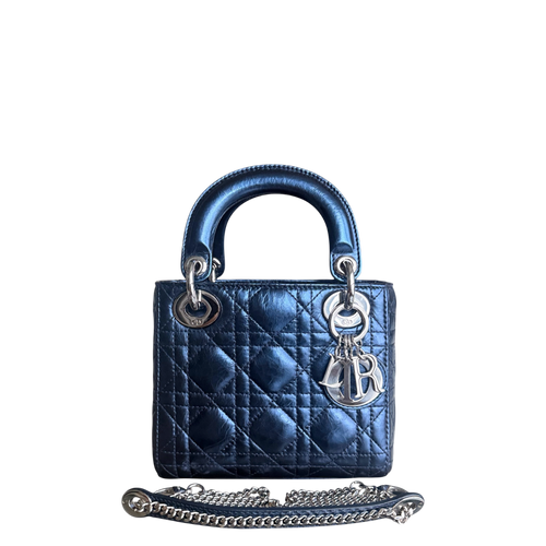 Lady Mini - Cuir de veau glacé Cannage bleu métallisé, quincaillerie argentée — Kovancy