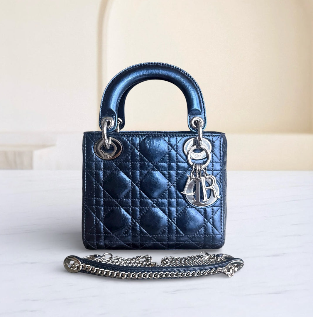 Lady Mini - Cuir de veau glacé Cannage bleu métallisé, quincaillerie argentée — Kovancy