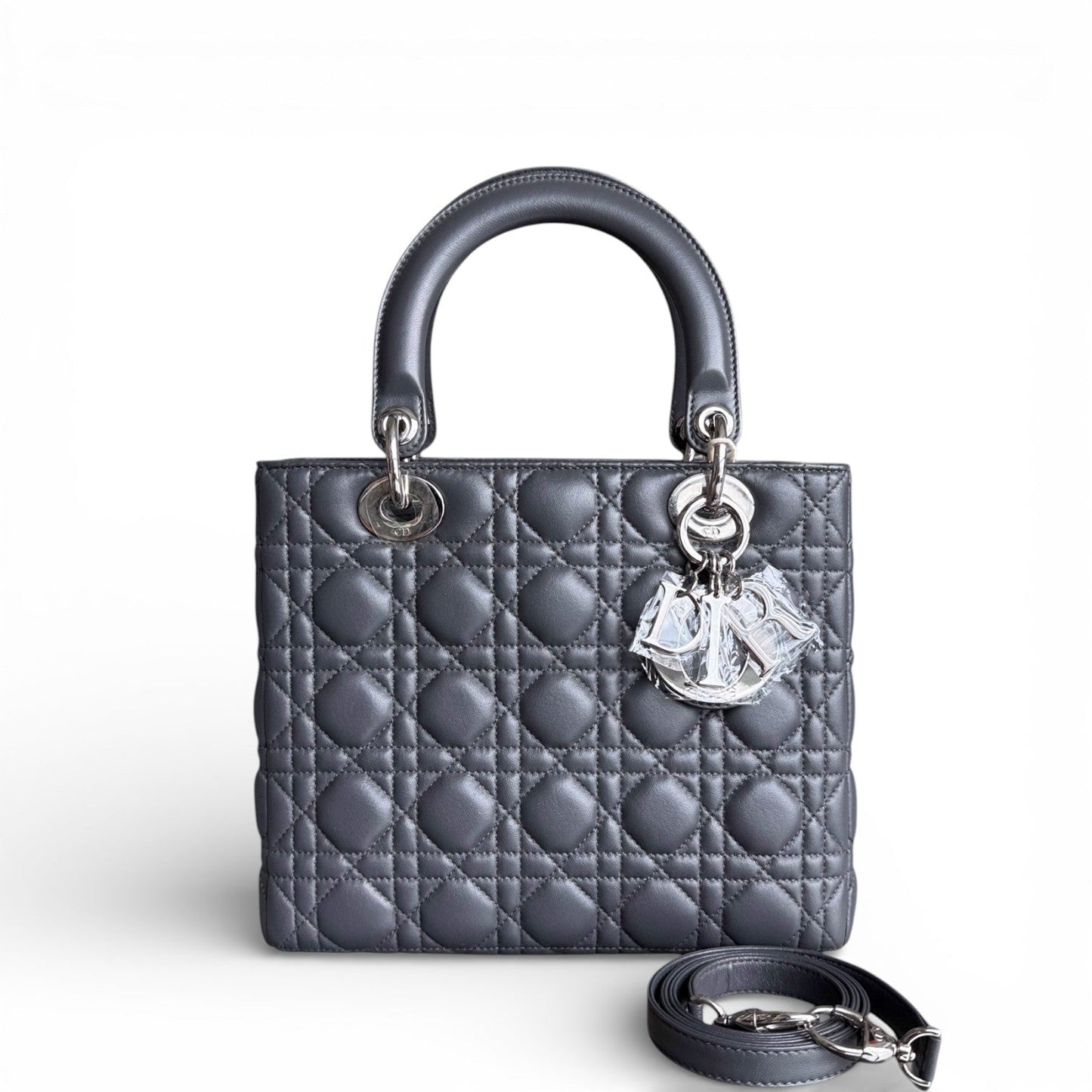 Lady Moyen - Cuir d'agneau Cannage gris foncé, finitions argentées — Kovancy