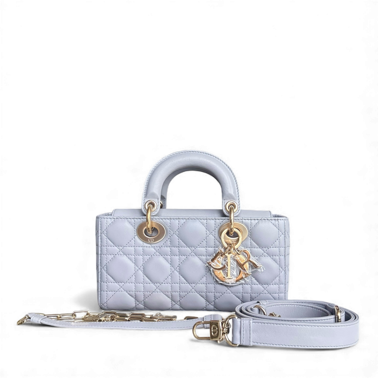 Lady D-Joy Small - Cuir d'agneau Cannage gris, quincaillerie dorée — Kovancy