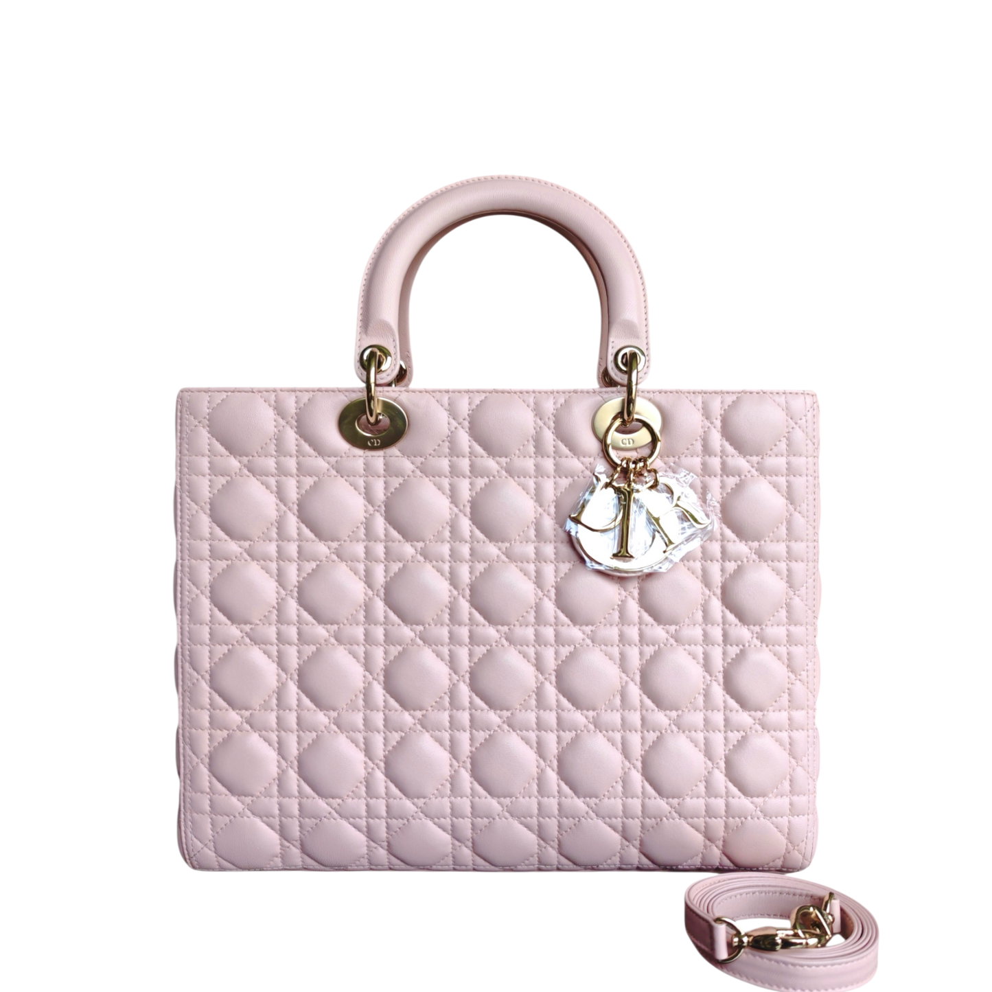 Lady Grand modèle - Cuir d'agneau Cannage rose clair avec finitions dorées — Kovancy