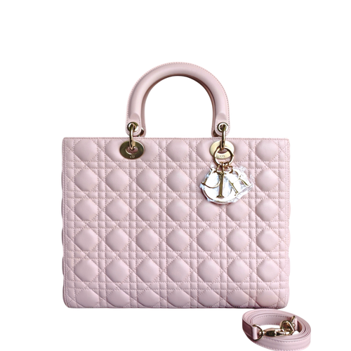 Lady Grand modèle - Cuir d'agneau Cannage rose clair avec finitions dorées — Kovancy