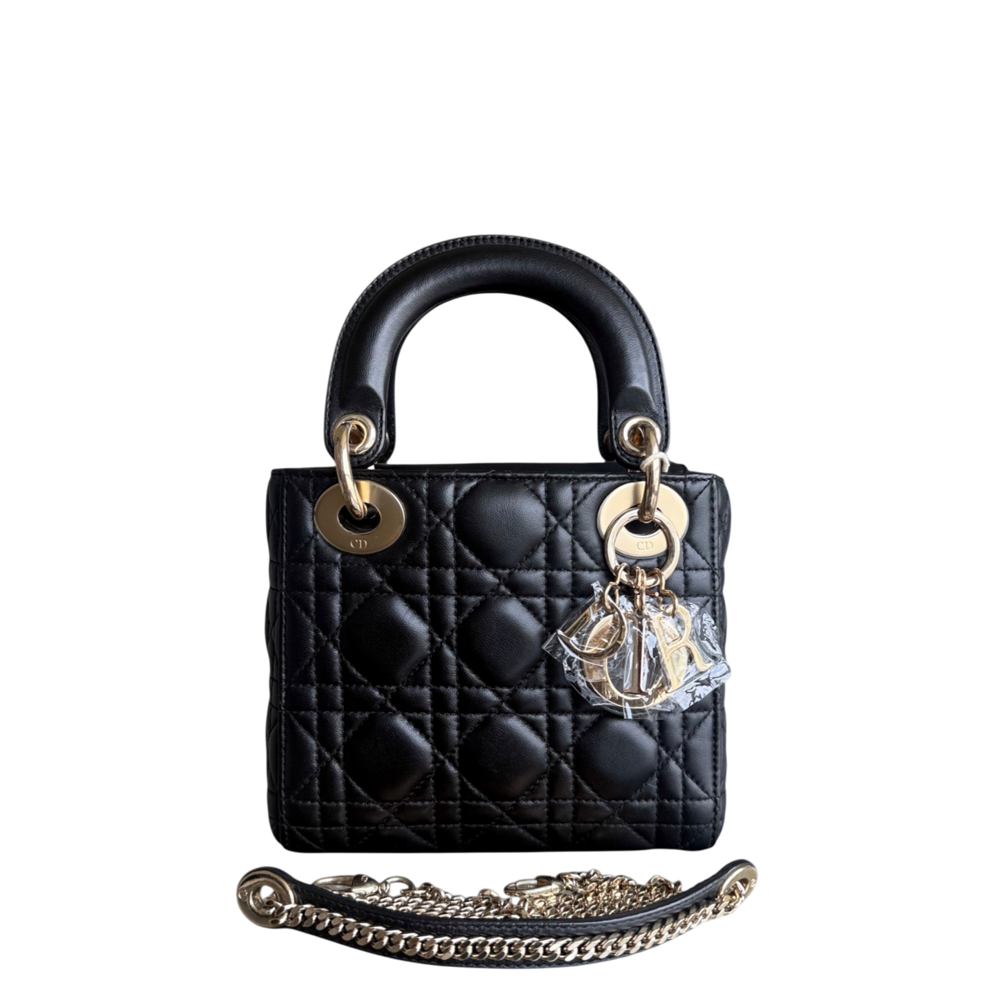 Lady Mini - Bracelet chaîne en cuir d'agneau Cannage noir et or — Kovancy